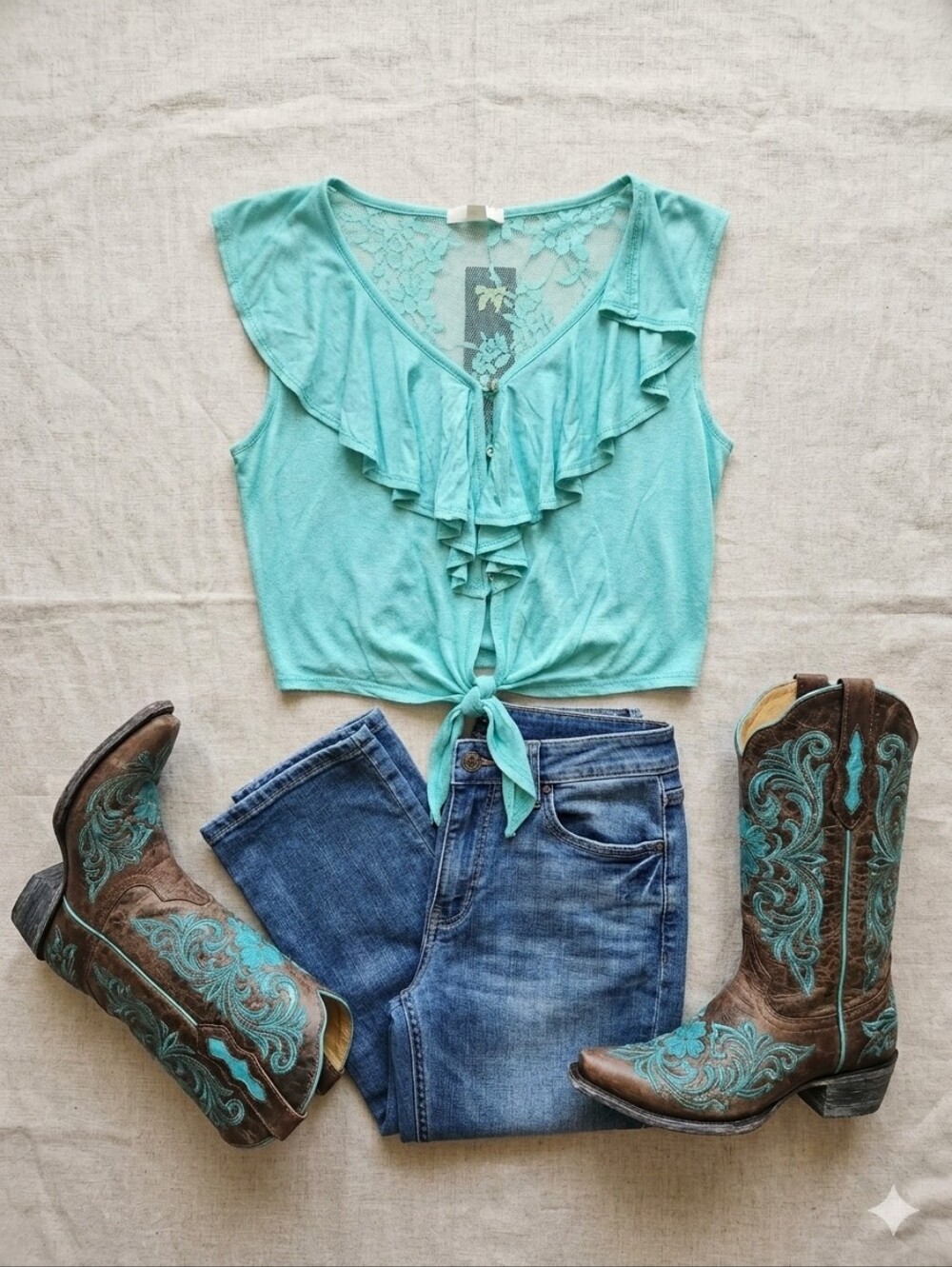 Iris Basic Light Teal Ruffle Tie-Front Blouse